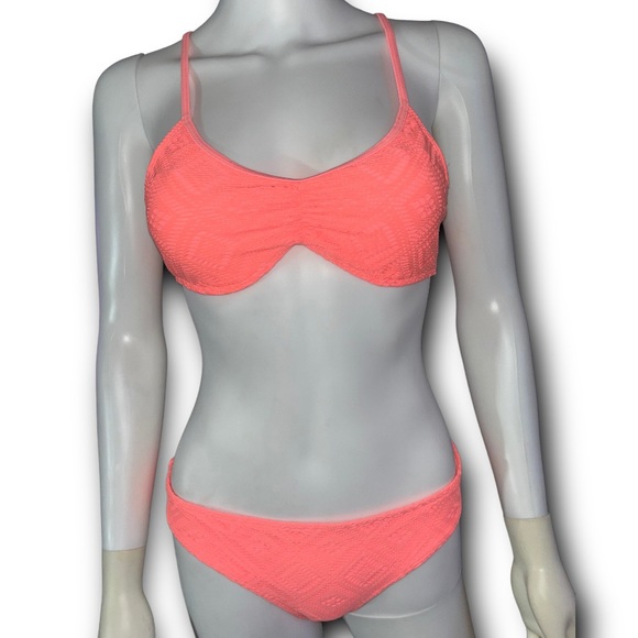 AERIE Coral Peach Pink Eyelet Scoop 2 Piece Bikini Swimsuit Set Top & Bottom M L - Picture 1 of 8